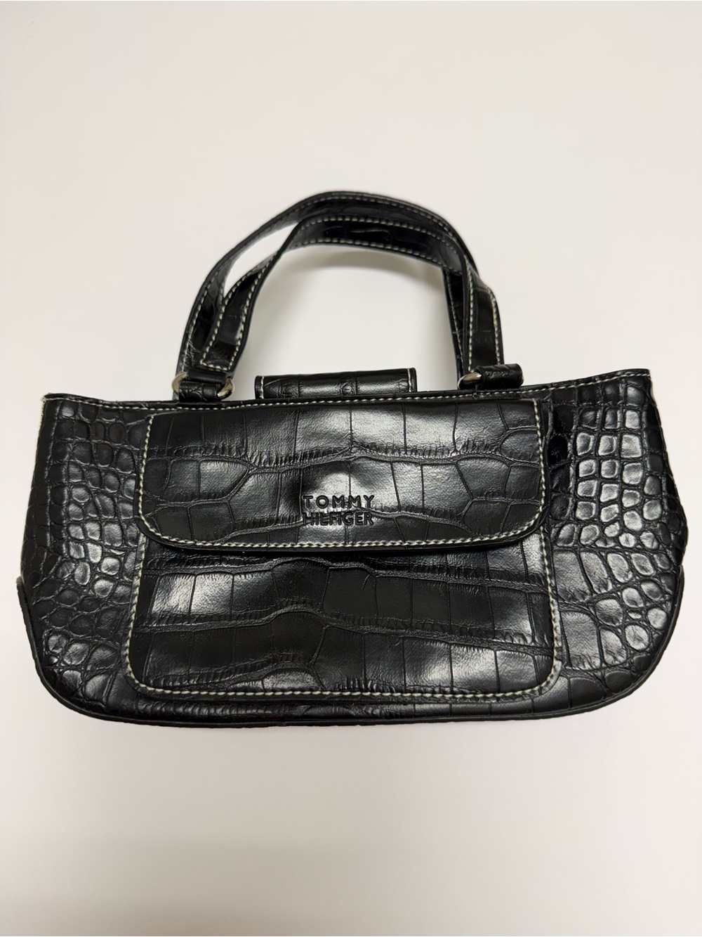 Tommy Hilfiger Faux Black Leather Patterned Clutch/Hand Bag